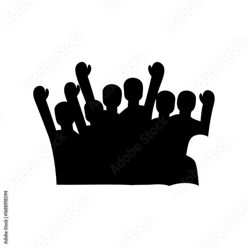 Silhouette of cheering crowd raising arms and fists in support of something