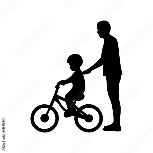 Father teaches son how to ride a bike in silhouette vector art