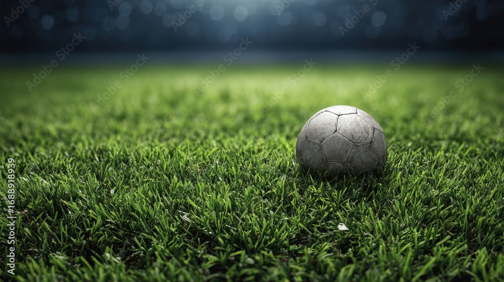 Fototapeta premium A silver soccer ball lies on vibrant green grass under the lights of a stadium during the evening. The blurred backdrop adds a sense of anticipation and excitement for the game ahead