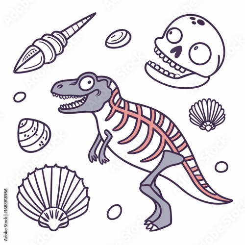 Dinosaur Fossil Remains and Ancient Sea Shells Cartoon Paleontology Fun Illustrations