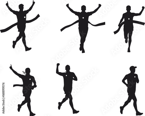 Silhouette of Marathon Runners Finishing Race with Victory Poses and Ribbon, Athletic Sports Competition Vector Illustration Isolated on White
