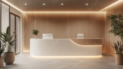 Dental Clinic Reception counter mockup welcome front entrance Modern style interior registration dentist copy space desk indoor decoration design front view