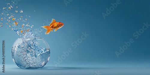 A golden fish leaps from its glass bowl, showcasing a dynamic splash of water and vibrant colors against a serene blue backdrop.