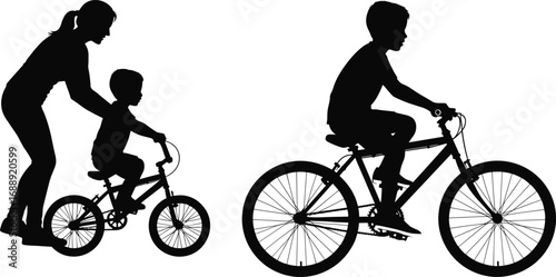 Silhouette of mother teaching young child to ride bicycle with older sibling riding independently, family bonding, outdoor activity, parenting and cycling.