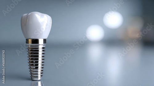 This dental implant features a titanium post with a realistic ceramic crown, highlighting its function and design. It is set in a clinical environment, emphasizing modern dental technology