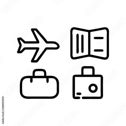 Travel Icon Set: Airplane, Suitcase, Passport, and Handbag Icon