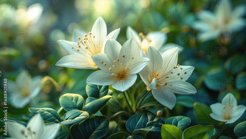 Fototapeta premium White flowers blooming among green leaves with a natural background. Botanical and floral, nature, and garden imagery.