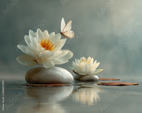 Two elegant white water lilies bloom gently on smooth stones, surrounded by calm water. A delicate butterfly hovers nearby, creating a peaceful and tranquil atmosphere that invites reflection