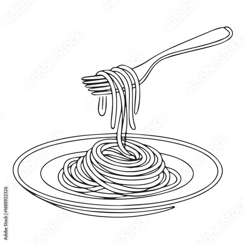 Continuous line of noodles .Single one line art of noodles , One continuous line illustration of an noodles isolated on white background.