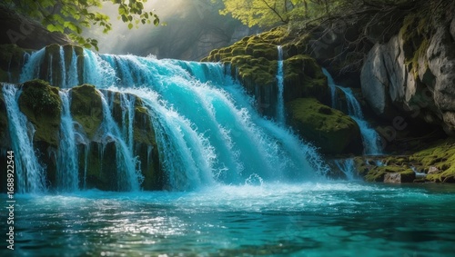 A waterfall flowing over moss-covered rocks in a lush forest setting with sunlight filtering through the trees.
