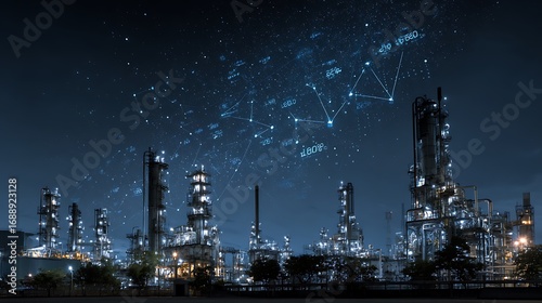Modern Energy Production Facility at Night with Digital Data Network Overlay, Illustrating Smart Industrial Processes and Technological Advancement