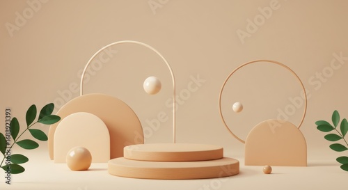Beige podium platform with geometric shapes and plant leaves against a beige background.