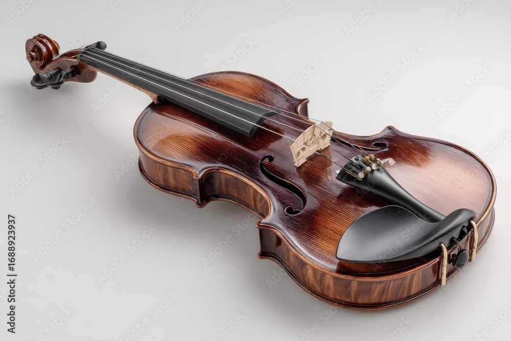 Obraz premium A beautifully crafted violin rests on a white background, highlighting its glossy finish and detailed features. The warm wood tones reflect natural light, showcasing elegance and artistry