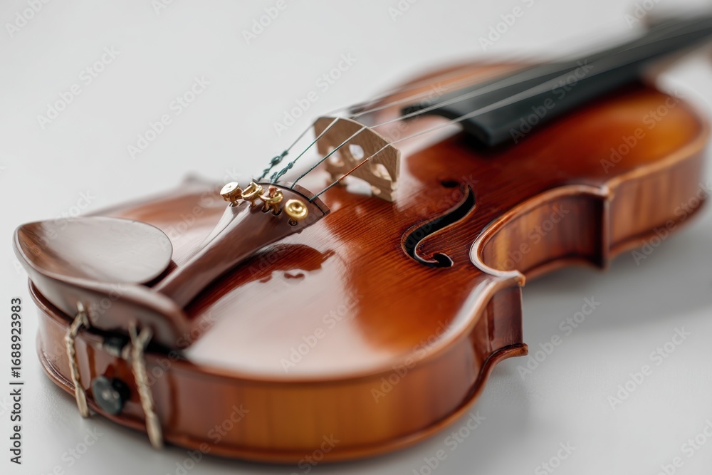 Fototapeta premium A finely crafted violin rests on a white background, showcasing its smooth wood finish, shiny strings, and meticulous design elements that reflect musical elegance and tradition