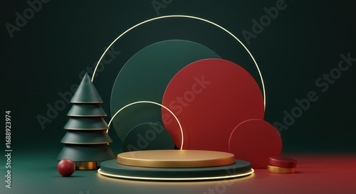 Christmas themed product display with tree geometric shapes and golden platform.