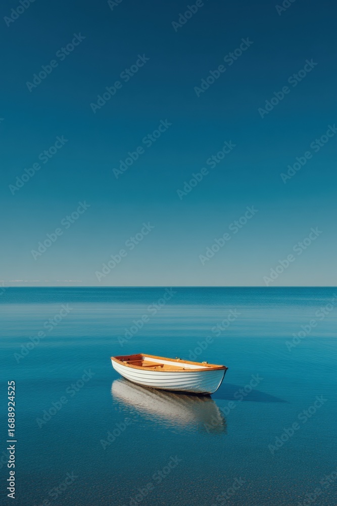 Naklejka premium A peaceful white rowboat floats effortlessly on tranquil waters, reflecting the vibrant blue sky above. It captures the essence of calmness and relaxation in a serene setting