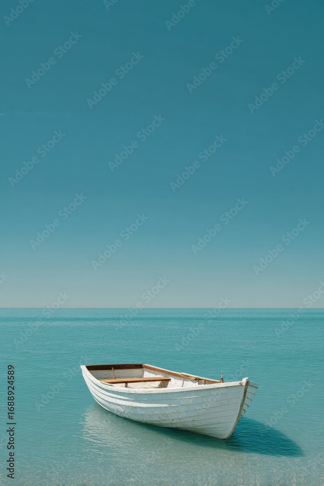 Naklejka premium A white rowboat drifts peacefully on the calm sea, surrounded by clear blue waters and an unblemished sky. Nature's serenity is highlighted during this tranquil moment