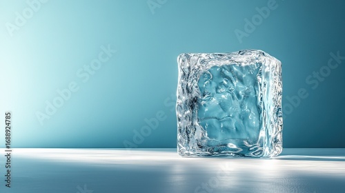 Single Ice Cube on Blue Background with Reflective Surface 
