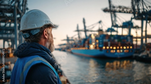 A worker wearing a white helmet and blue vest stands by the water, watching cargo ships being loaded at a busy port as the sun sets in the background, illuminating the scene