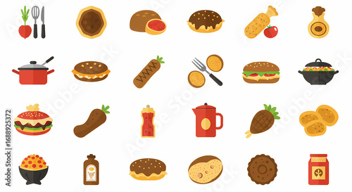 International Cuisine Flat Icons Set with Global Foods, Cooking Tools and Restaurant Elements