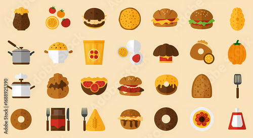 Flat Design Food Icons Collection with Burgers, Desserts, Fruits and Kitchen Utensils