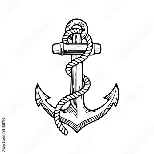Black and white anchor with rope, vintage engraving style for nautical and marine themes.