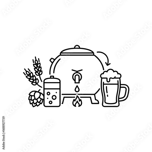 Minimalist Vector Icon of Craft Beer Brewing – Hop, Malt, Kettle and Beer Glass