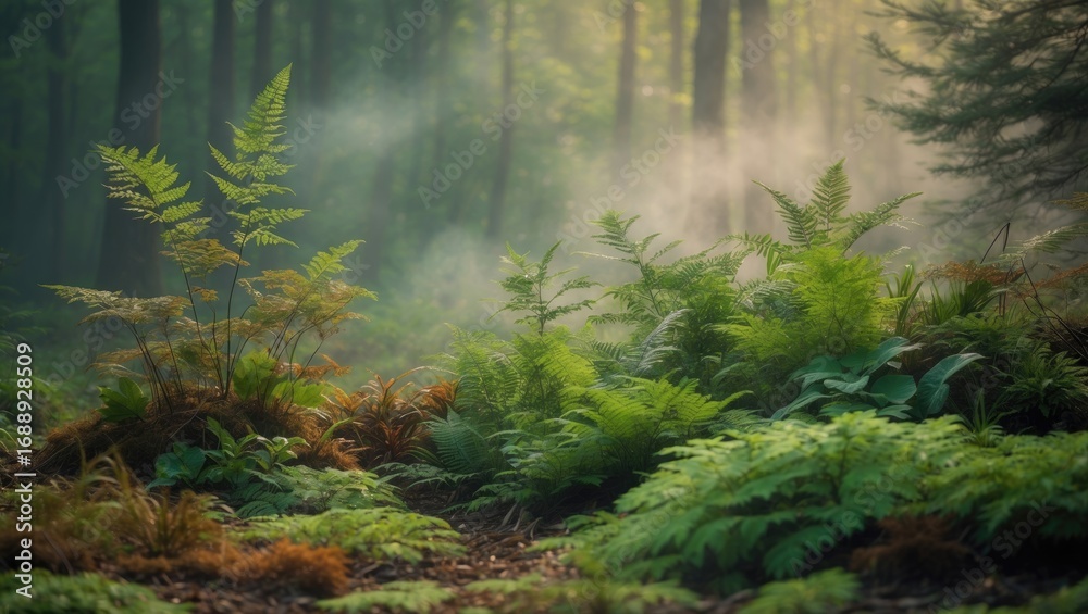 Obraz premium A lush forest scene with ferns and green foliage, illuminated by soft morning light filtering through the trees.