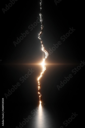 A vivid crack appears in glass, radiating bright white and golden light against a deep black backdrop. The contrast enhances the striking effect, creating a mesmerizing focal point