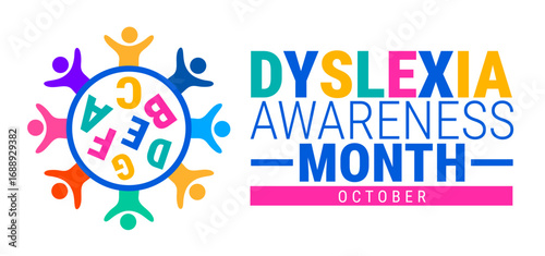 Dyslexia Awareness Month background, banner, card or poster design template is observed every year during October, to raise awareness about the mission. Vector illustration.