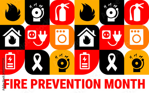 National Fire Prevention Month Geometric shape pattern background, banner, card or poster design template is observed every year during October, to raise awareness about the mission. Vector 