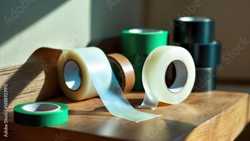 Different colored adhesive tapes arranged on a wooden surface. Packaging and adhesive tape, tools and supplies. The concept of adhesion and packaging materials.