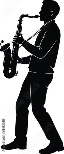 Silhouette of saxophone player performing live music with passion, standing pose, jazz musician playing saxophone vector illustration art.
