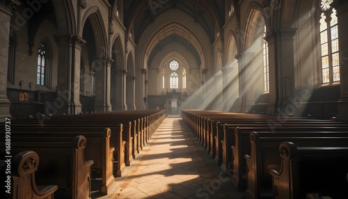 Sunlight beams through a church aisle, filling the sacred space with divine light and peace for worshippers.