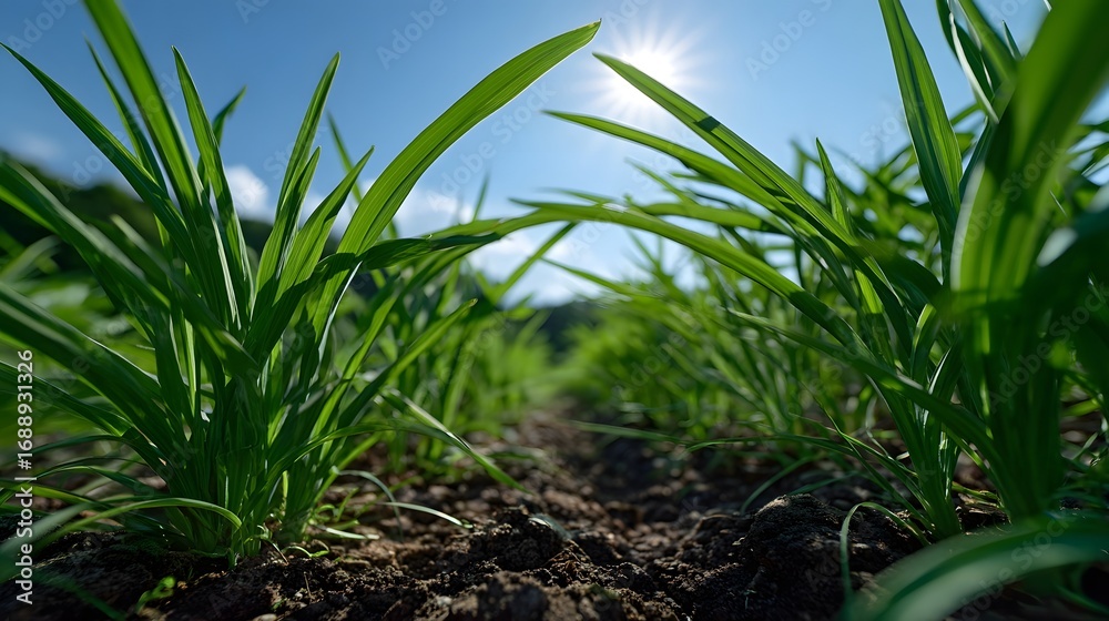 Fototapeta premium Closeup of thriving, verdant plants emerging from the rich, brown soil under a clear, sunny sky - showcasing the beauty and vitality of the natural world.