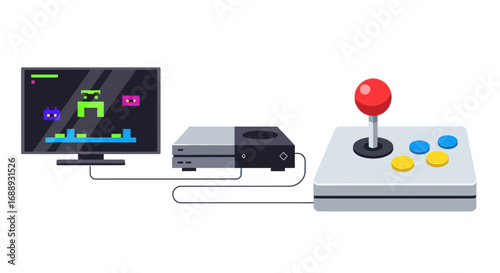 Retro gaming setup with console, monitor, and arcade joystick.