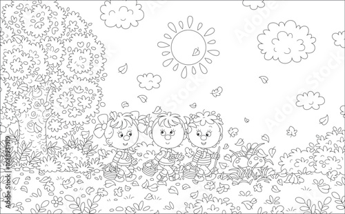 Little girls mushroomers walking with their wicker baskets and gathering mushrooms among grass and fallen leaves in an autumn forest, black and white vector cartoon illustration for a coloring book