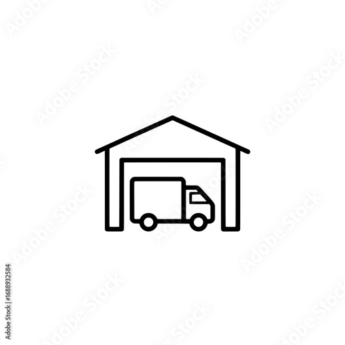 Logistics and shipping service line art icon showing a delivery truck inside a warehouse depot or storage garage for freight transport
