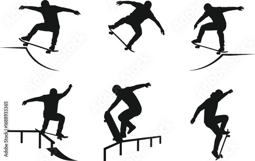 Silhouette of Skateboarders Performing Tricks on Ramps and Rails, Extreme Urban Sports Vector Illustration for Street Skating Design