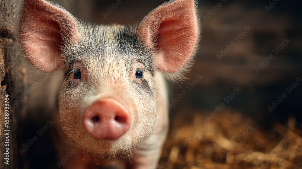Fototapeta premium Cute piglet exploring a rustic farm environment with straw in the background during daylight