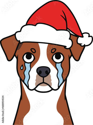 This pixel art illustration depicts a brown and white Boxer dog wearing a Santa hat