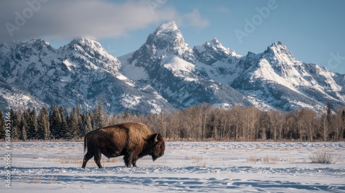Bison in Snowy Field with Mountains