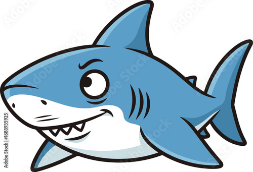 A vibrant pixel art illustration depicts a cartoon great white shark, rendered in shades of blue and white