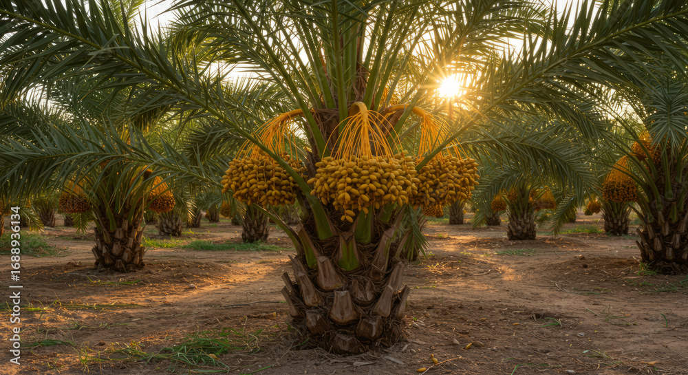 Fototapeta premium Date palm plantation with ripe yellow fruit at sunset.