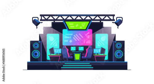 Colorful Gaming Stage with Lights, Screens, and Sound System.