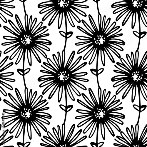 Seamless floral pattern, hand drawn. Black ink and marker, linear illustration of natural plants. Elegant botanical texture, vector background for cards, invitations, packaging, textile design.