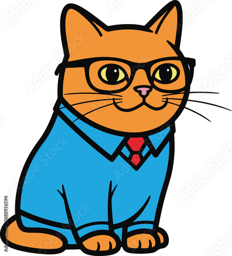 A stylized illustration of an orange tabby cat wearing glasses, a light blue blazer, and a red tie. The cat is depicted in a sitting position, exhibiting a pleasant expression. 