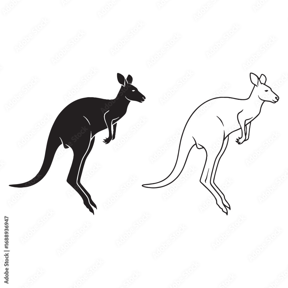 Fototapeta premium Clean Kangaroo Silhouette & Kangaroo Lineart – Kangaroo Vector Drawing Featuring Simplified Body Design – Kangaroo Illustration – Silhouette and Lineart Set of Kangaroo