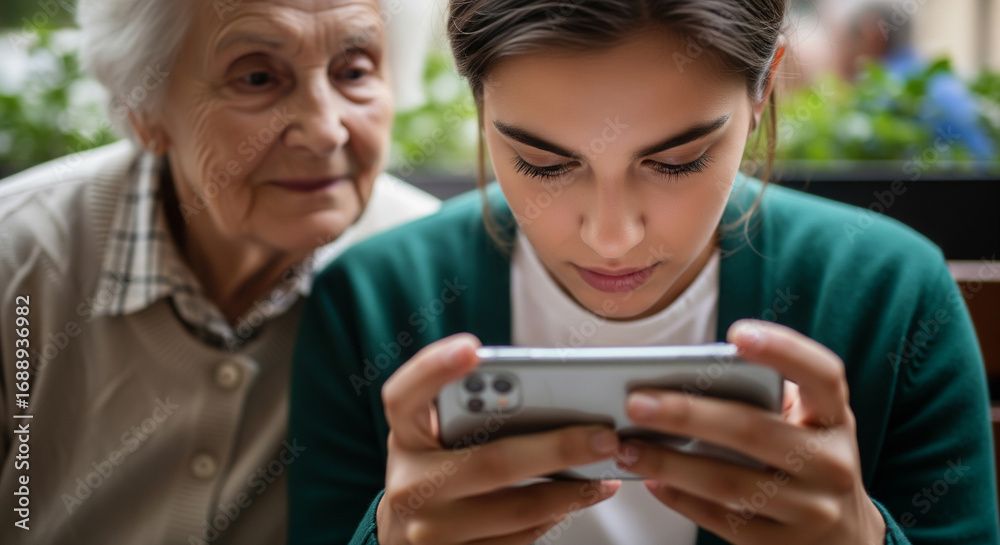 Fototapeta premium Elderly woman observing teenager using smartphone in cafe. Suitable for lifestyle, family dynamics, and generational contrasts.