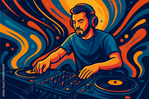 Colorful vector illustration of DJ mixing music on turntables with headphones, abstract vibrant background creating party atmosphere.